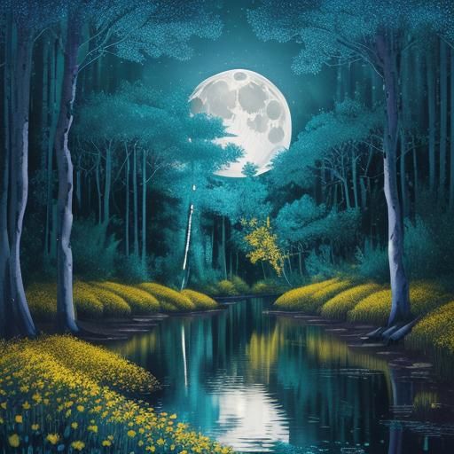 Enchanted Forest at Night in Pointillism Style