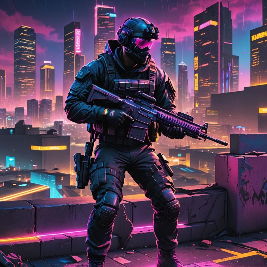 Synthwave Soldier in Los Santos: Retro Cityscape