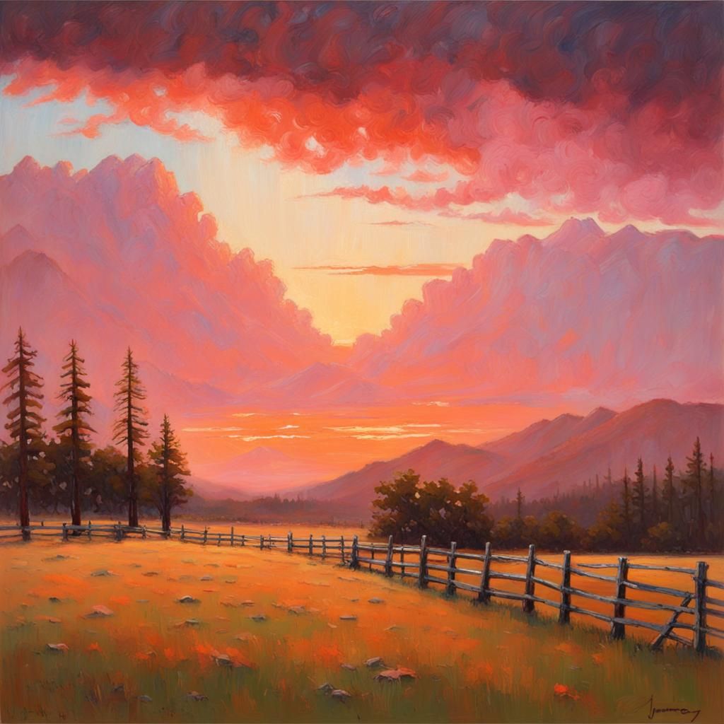 Radiant Sunrise Over Ranch, Oil Painting