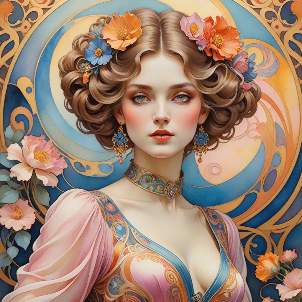 Art Nouveau Watercolor Portrait in Vibrant Hues