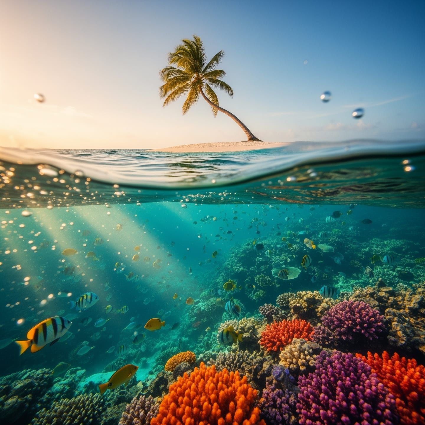 Serene Tropical Island Beach Scene with Aquatic Life