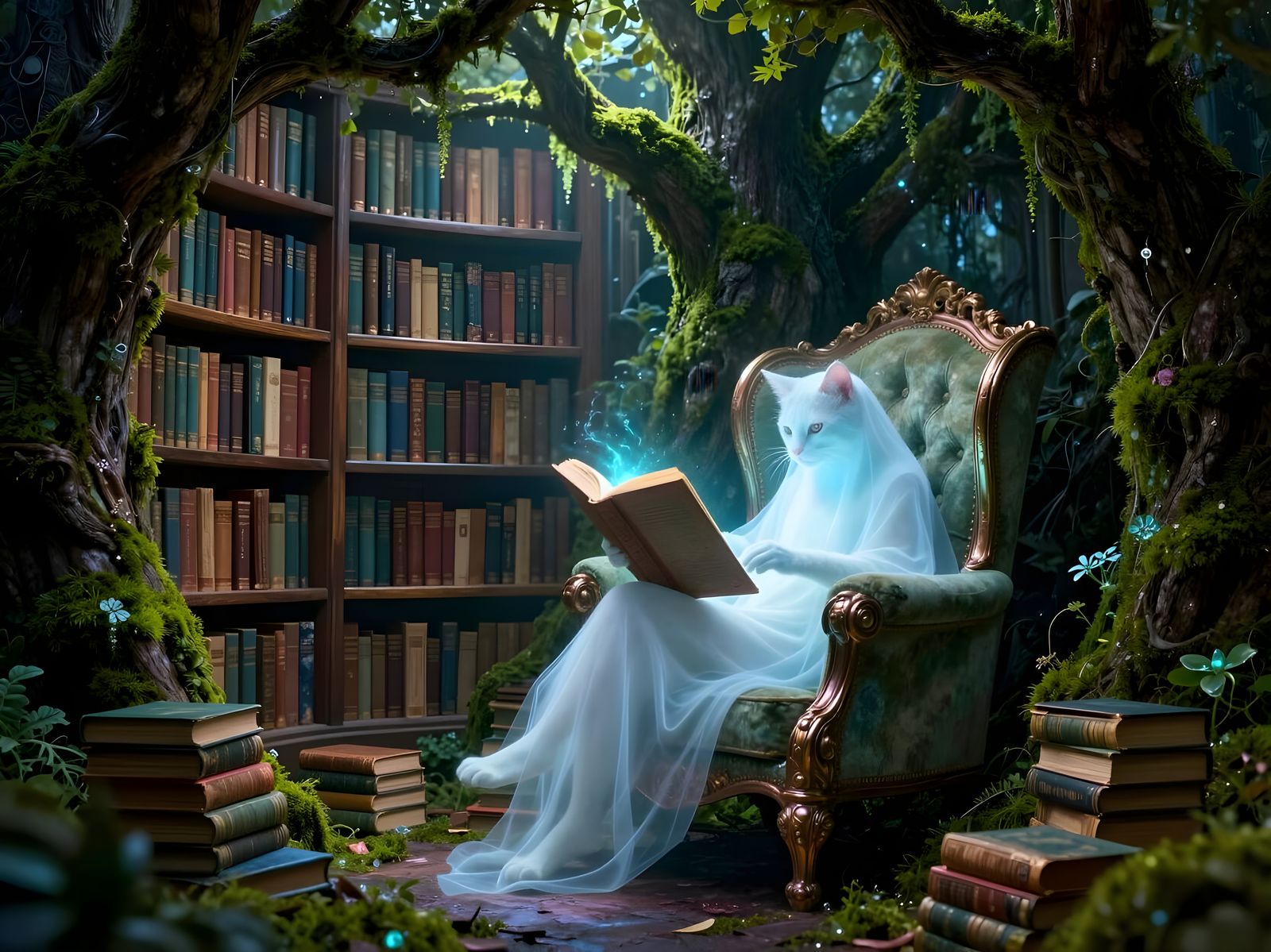 Ethereal Library Nook with Ghostly Cat Reading