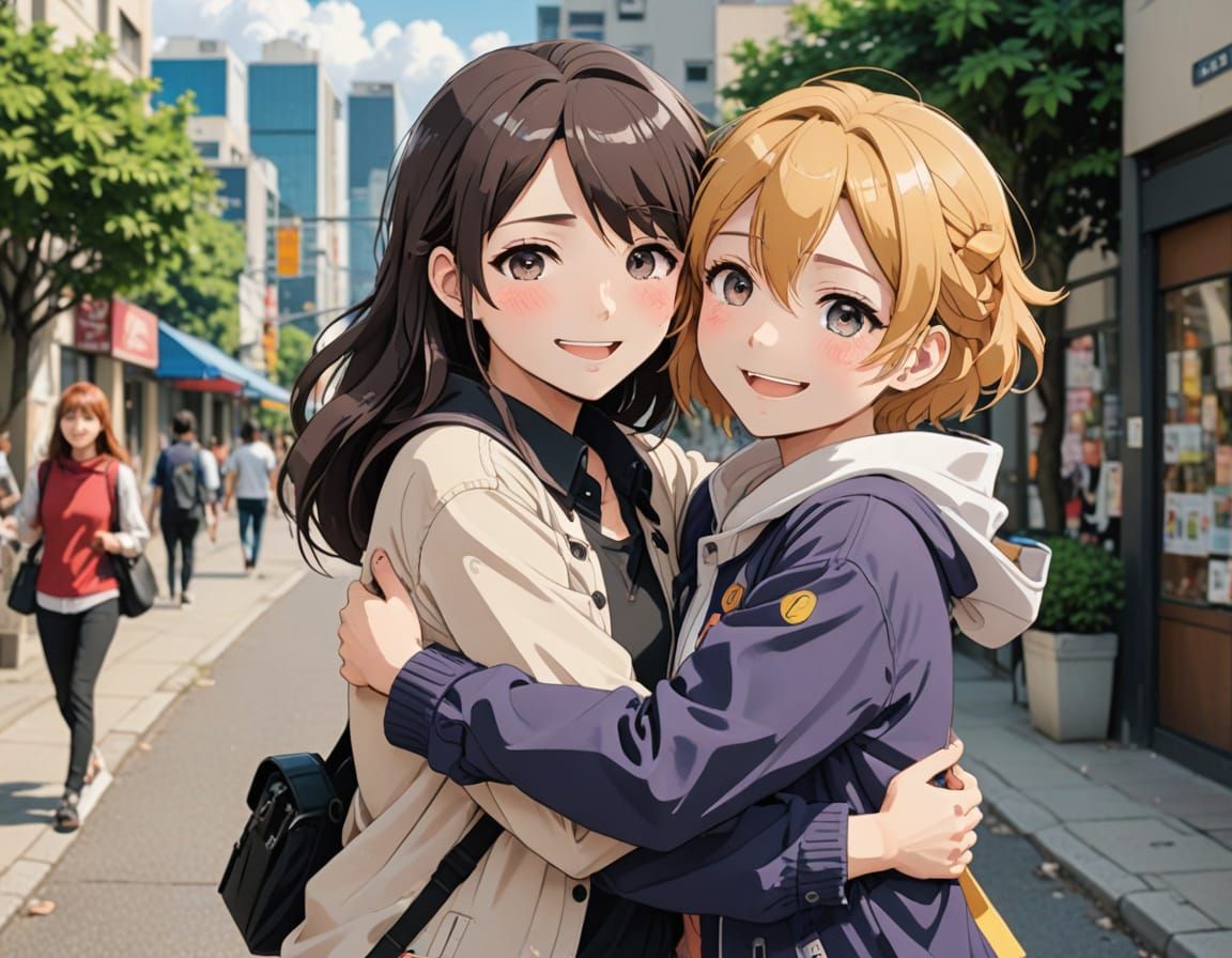 Cute Anime Lesbian Couple Hugging Affectionately