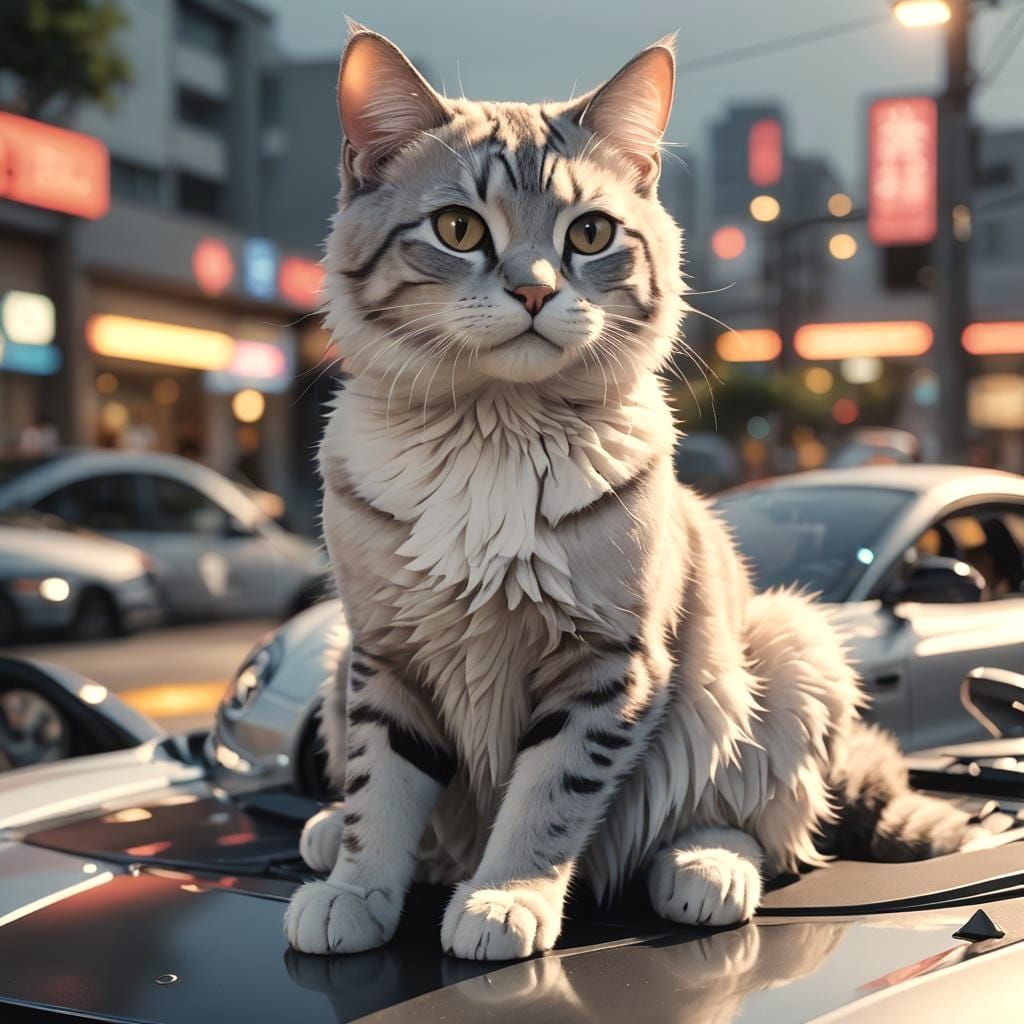 Anime Cat on Car in 3D Digital Art