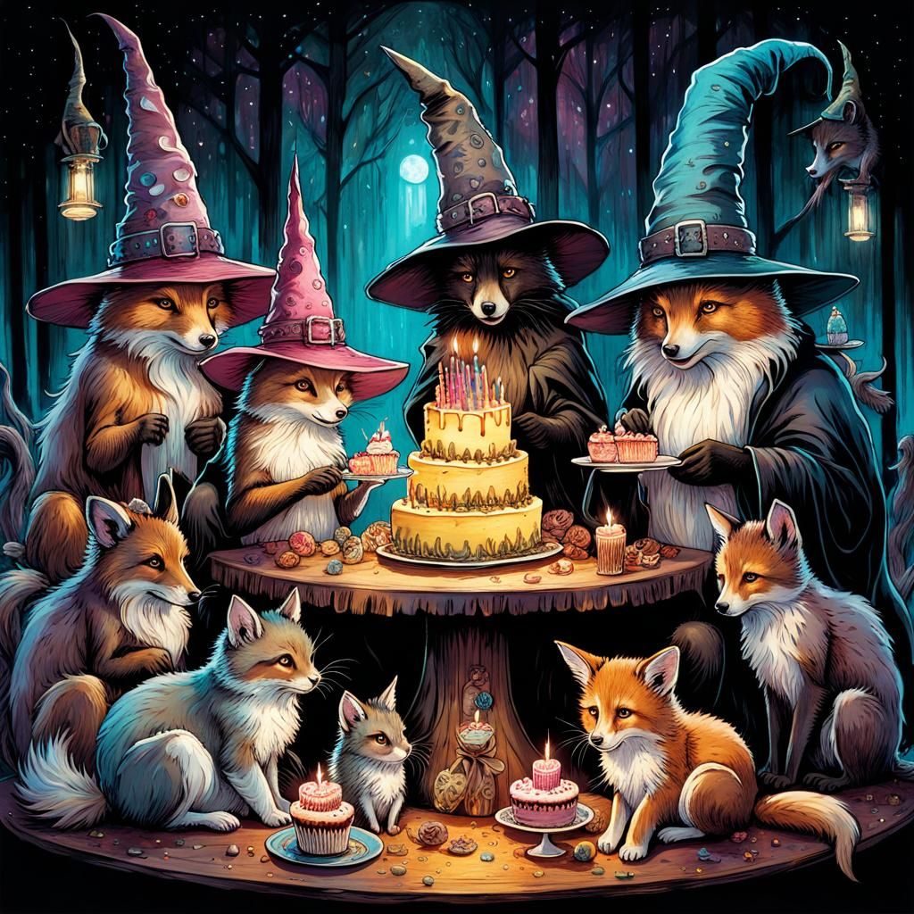 Enchanted Animals Celebrate with Cake in Gritty Fantasy Styl...