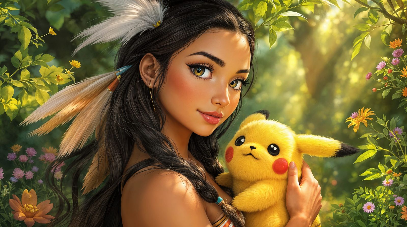Pocahontas and Pikachu in a Vibrant Forest