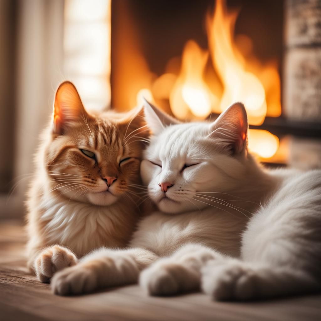 Two Kittens Asleep in Front of Fireplace