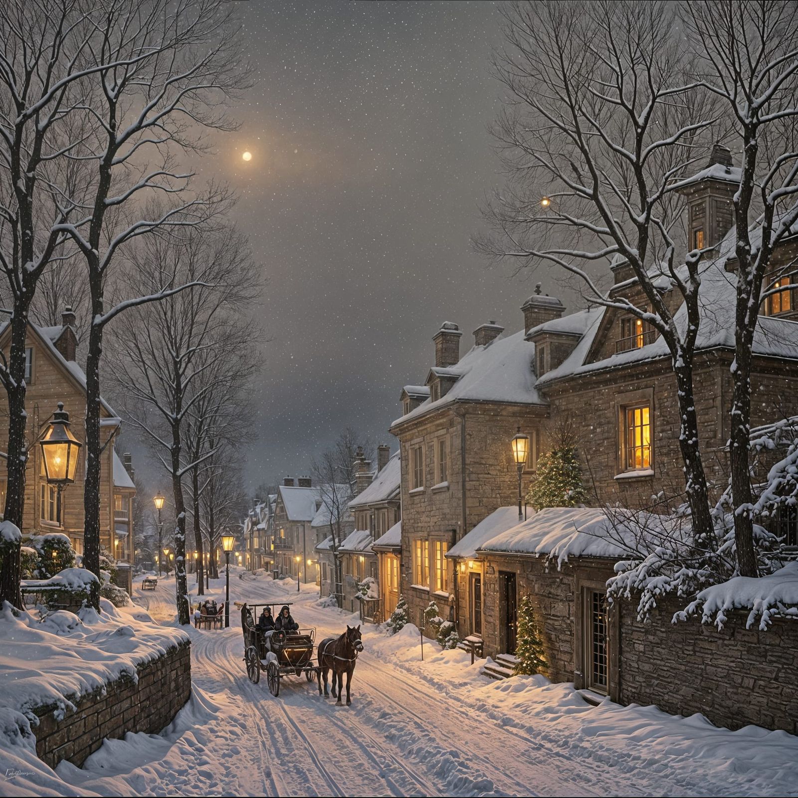 Victorian Santa in Snowy Town, Oil Painting