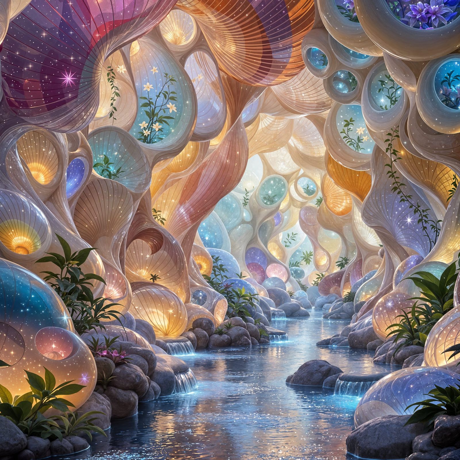 Hyperrealistic Snail Shell Pavilion in Ethereal Light