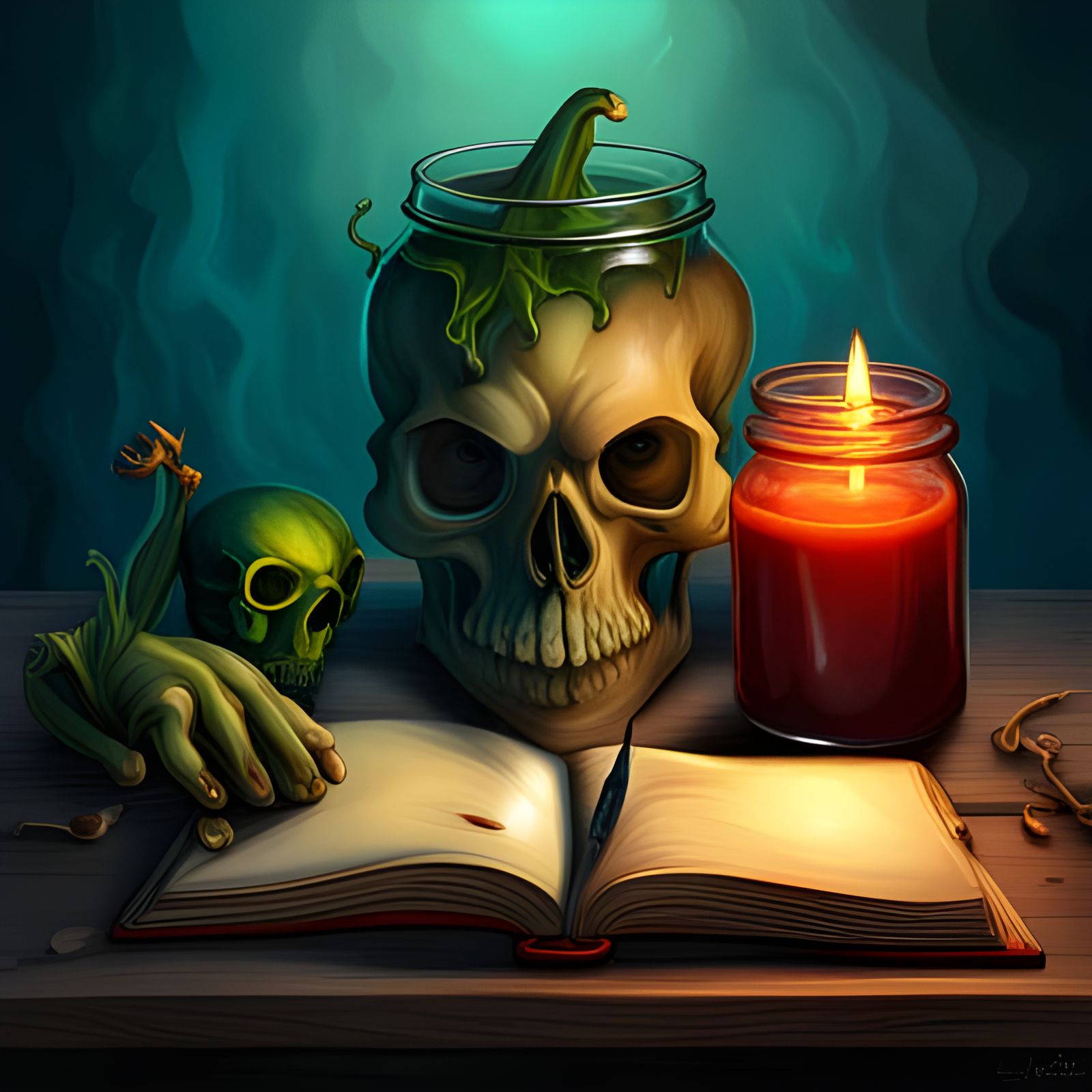 Witch's Table with Skull, Poison, and Spells