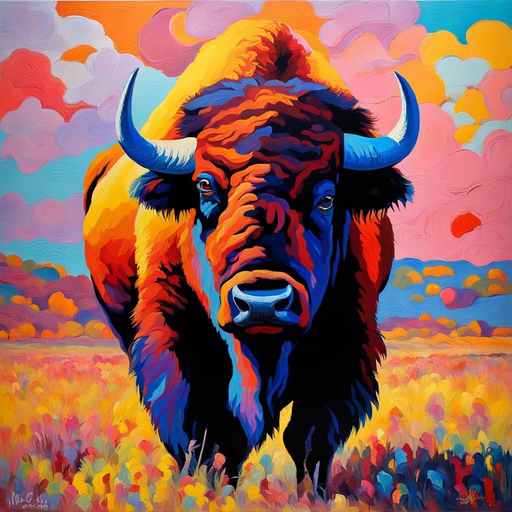 Bison as Colorful Neo-Impressionist Oil Painting