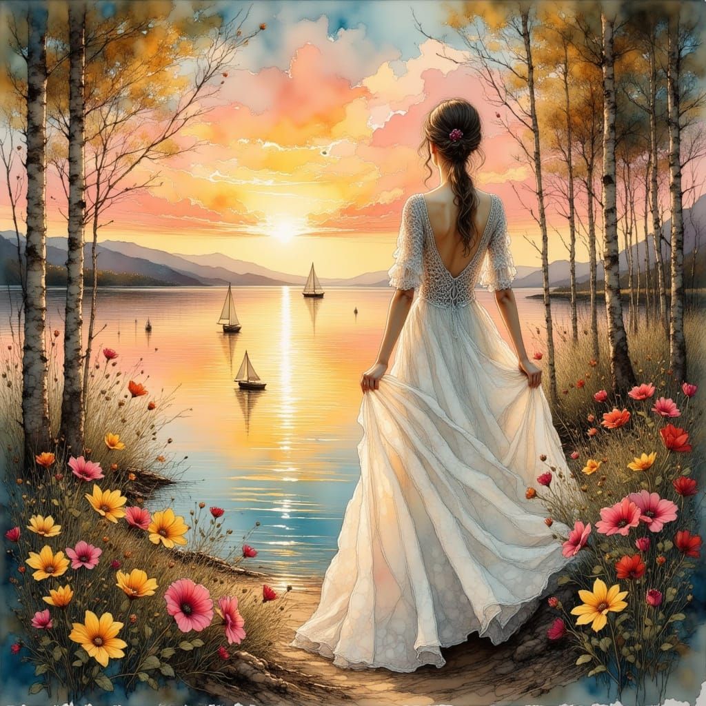 Dreamy Ethereal Painting of a Young Woman by a Serene Lake