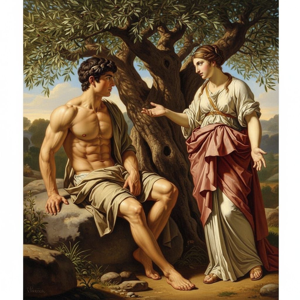 Ancient Greek Hero Theseus with Mother Aethra by Olive Tree