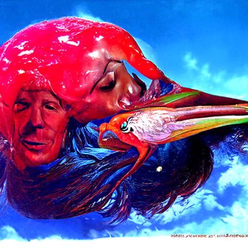 scarlet ibis Emerges from the man with the woman head in outer space as the rainbow  cries hyperrealism