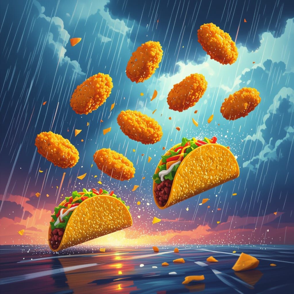 Chicken Nuggets and Tacos Rain in Pop Art Style