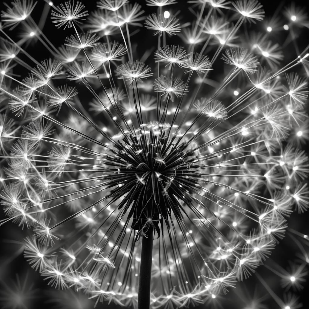 Exploding Dandelion Seed Head in Black and White