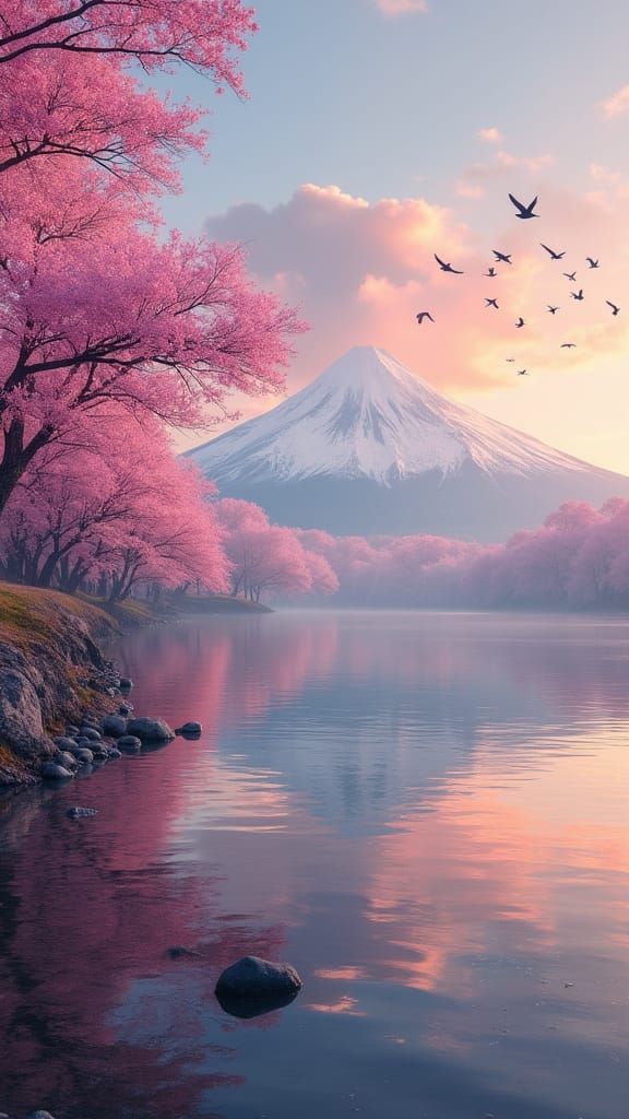 Serene Blossom Trees Amidst a Volcanic Landscape