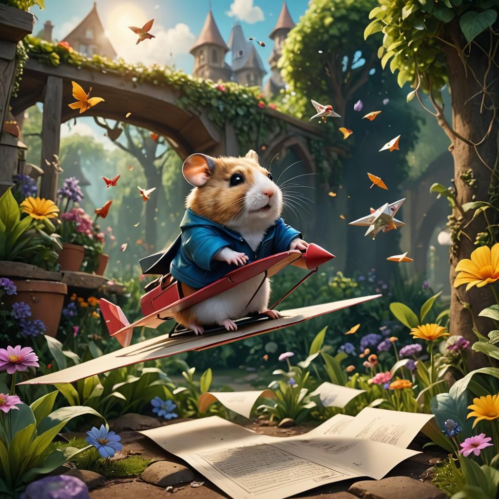 Hamster Flies Paper Plane: Detailed Matte Painting