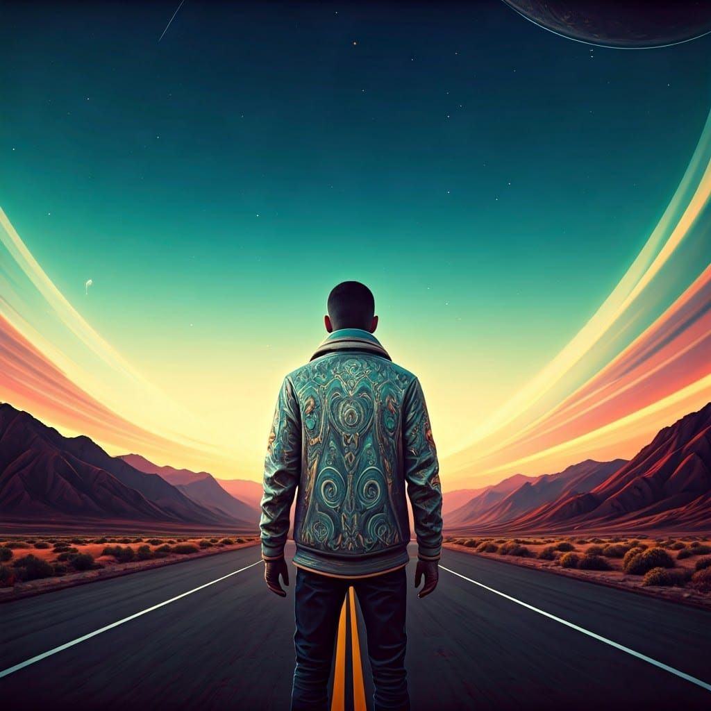 Alien Traveler on Route 66 in Retro-Futuristic Style