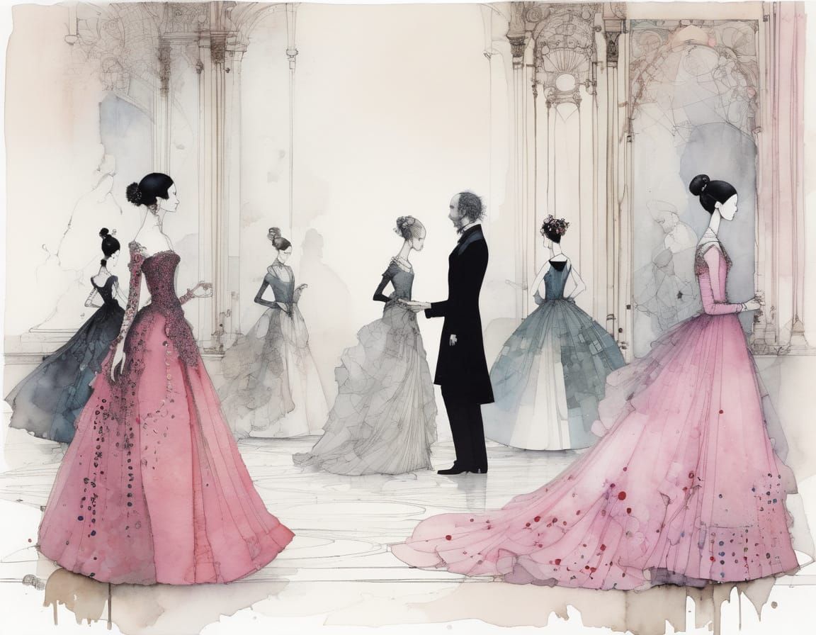 Elegant Ballroom Scene with Dancers in Pink Gowns