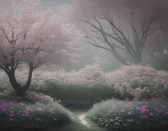 Lush Scandinavian Garden at Night, Oil Painting