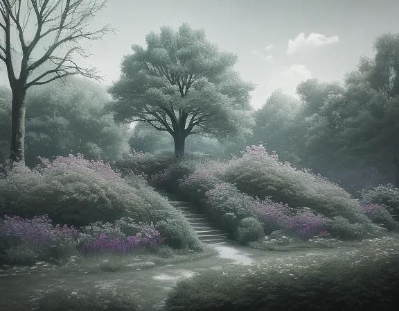 Lush Scandinavian Garden at Night, Oil Painting