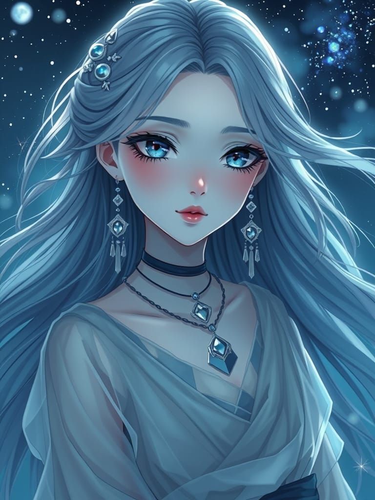 Anime Woman with Night Sky Eyes in Ethereal Style