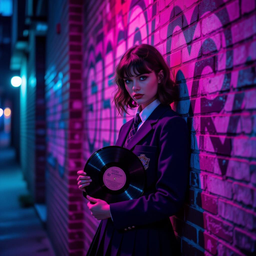 Rebellious Woman with Vinyl in Neon Alleyway
