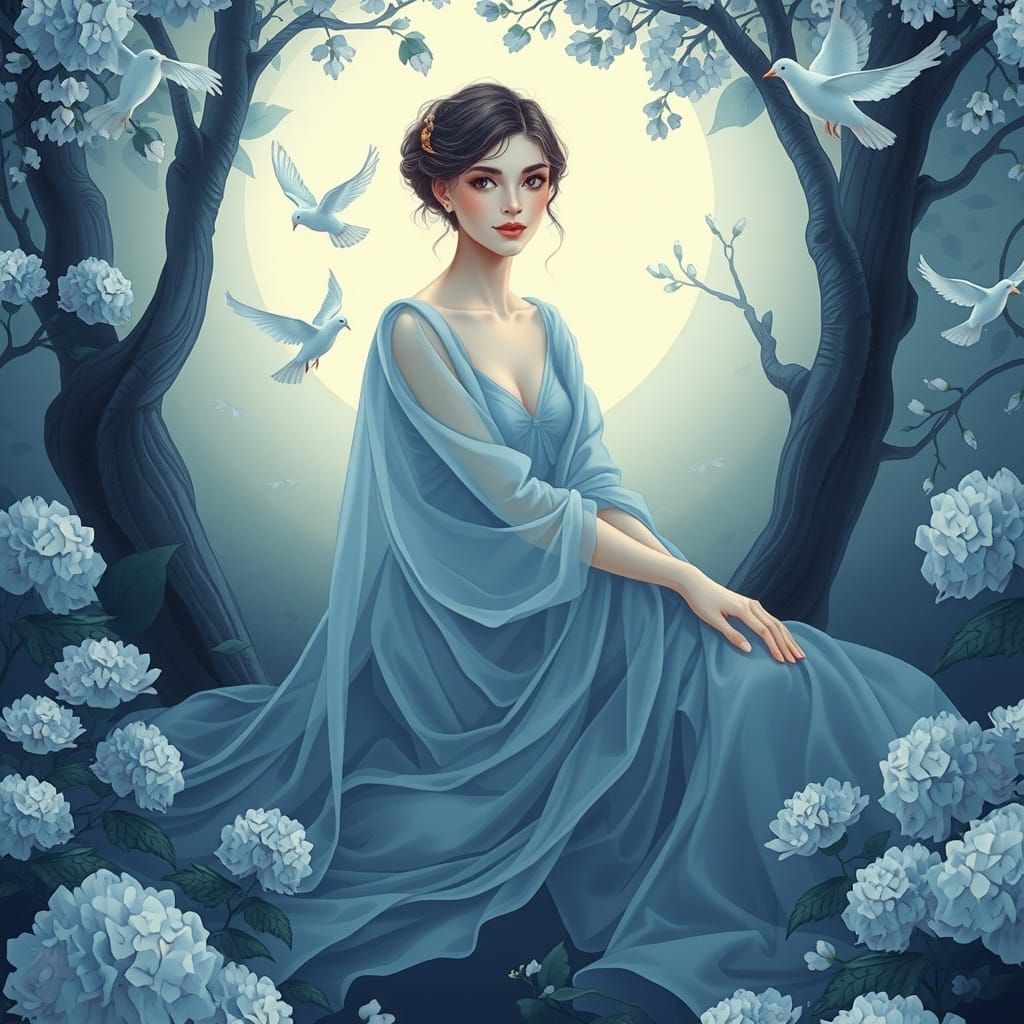 Ethereal Woman in Mystical Forest with Doves