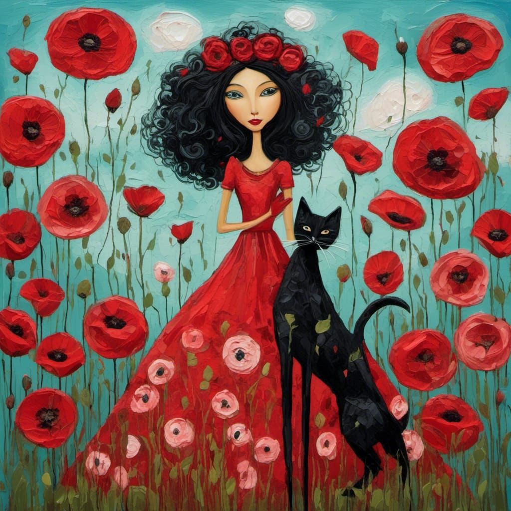 Folk Art Woman and Cat in Impasto Style