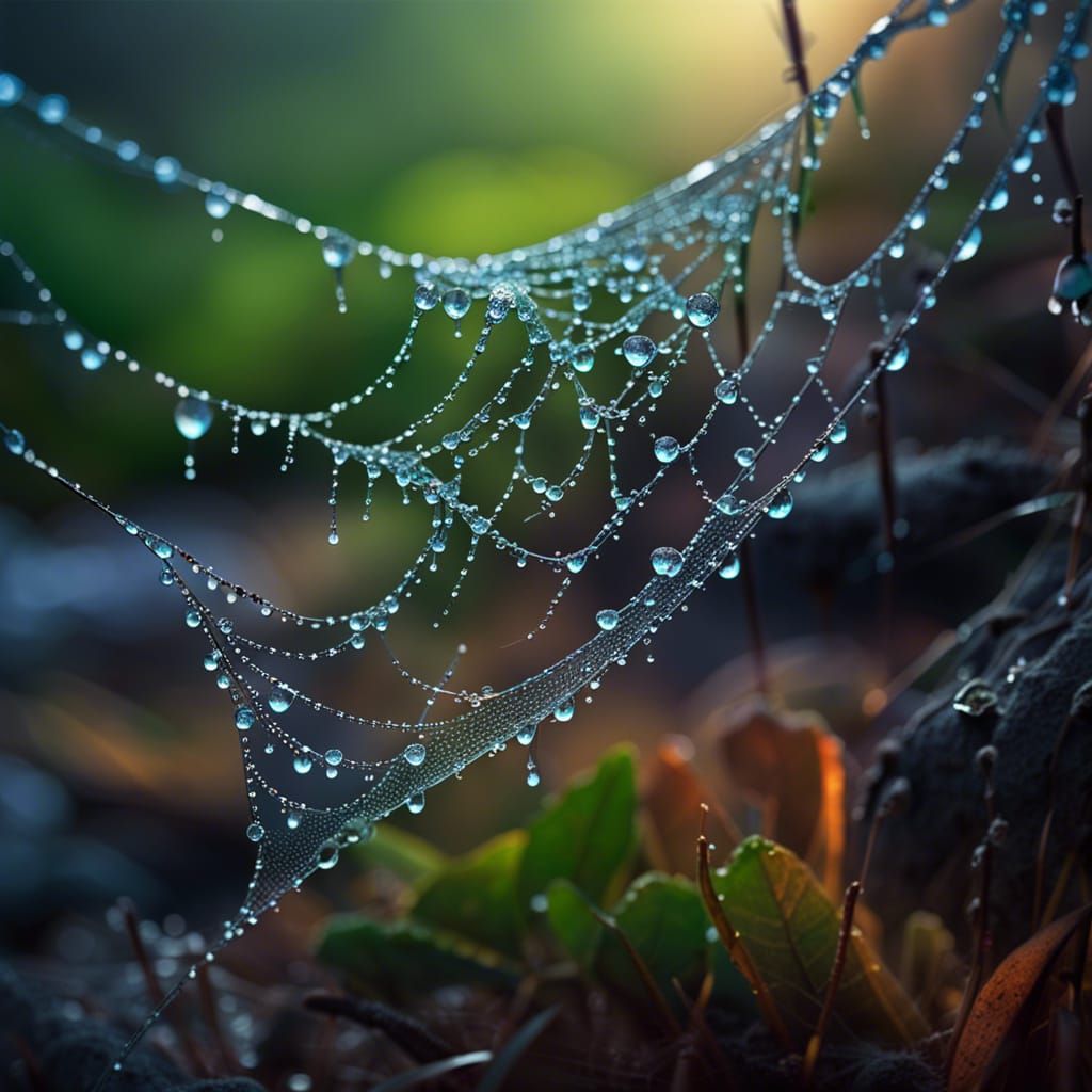 Dew Drops on Spider Web: Cool Colors