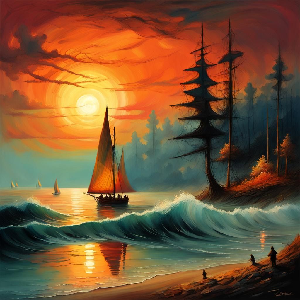 Sailboat at Sunset: Fantasy Art in Surreal Style