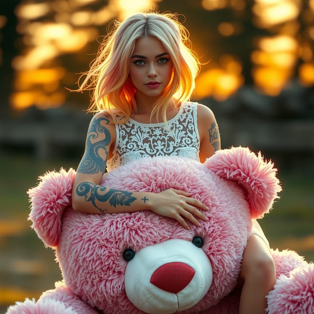 Supermodel with Pink Hair in Wedding Dress on Teddy Bear