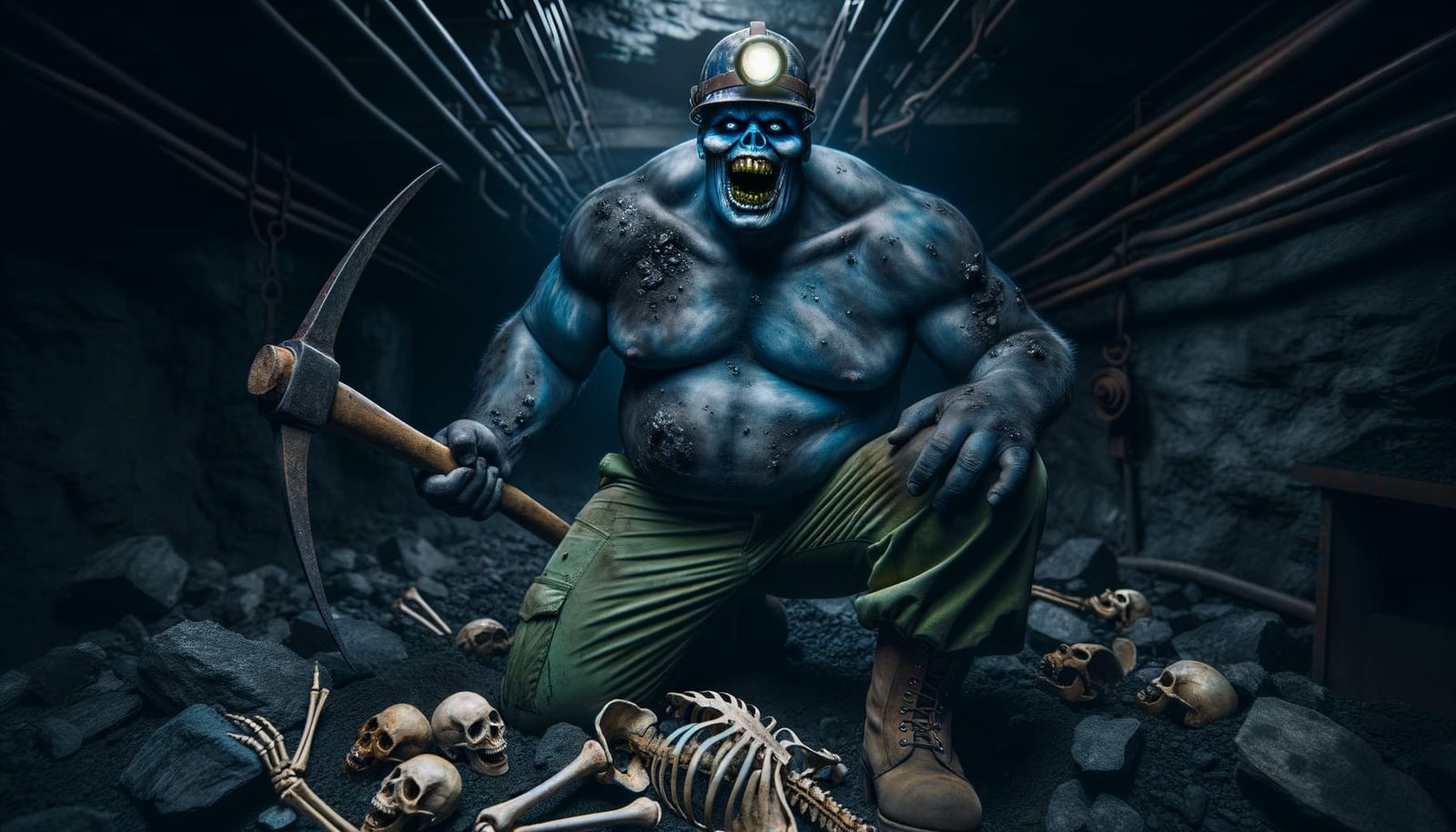 Blue-Skinned Miner Giant Roaring in a Mine