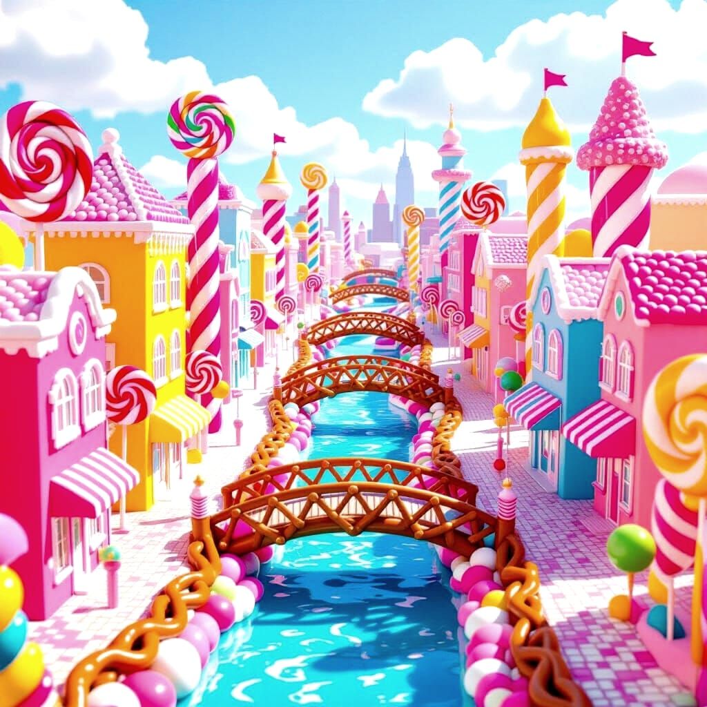 Fantastical Lollipop City with Pretzel Bridges