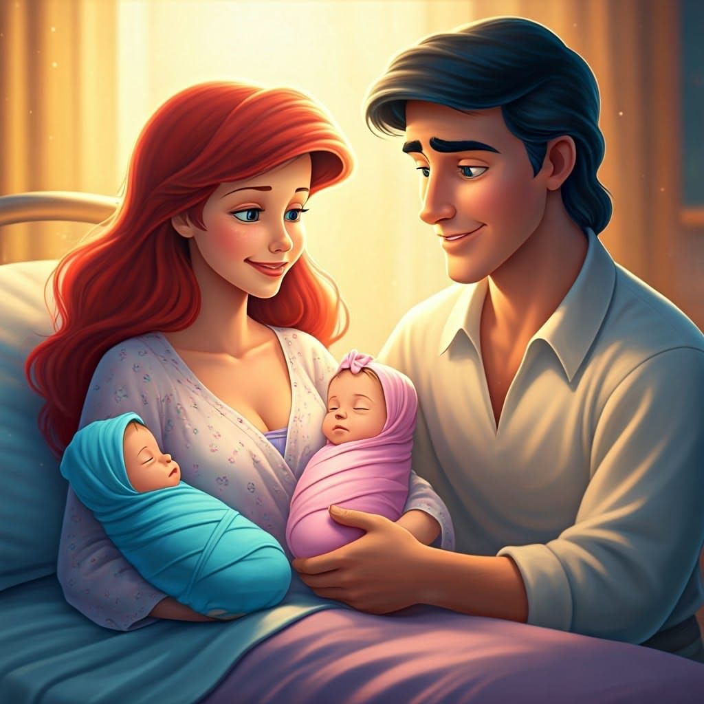 Ariel and Prince Eric Welcome Newborn Twins: 3D Digital Art