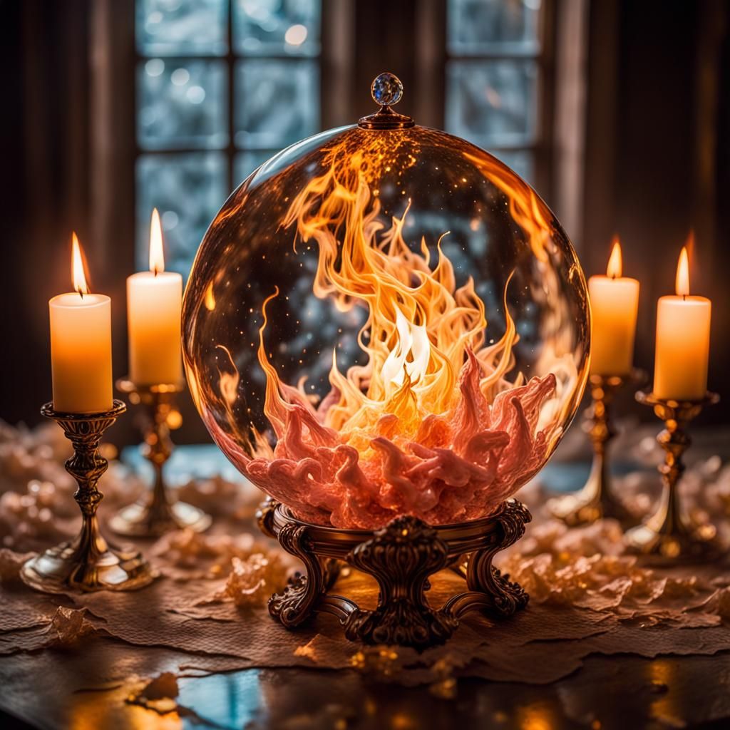 Mystical Crystal Orb Surrounded by Flames in Surreal Setting