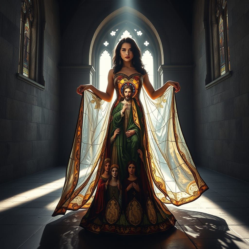 Woman in Shimmering Stained Glass Gown in Medieval Church