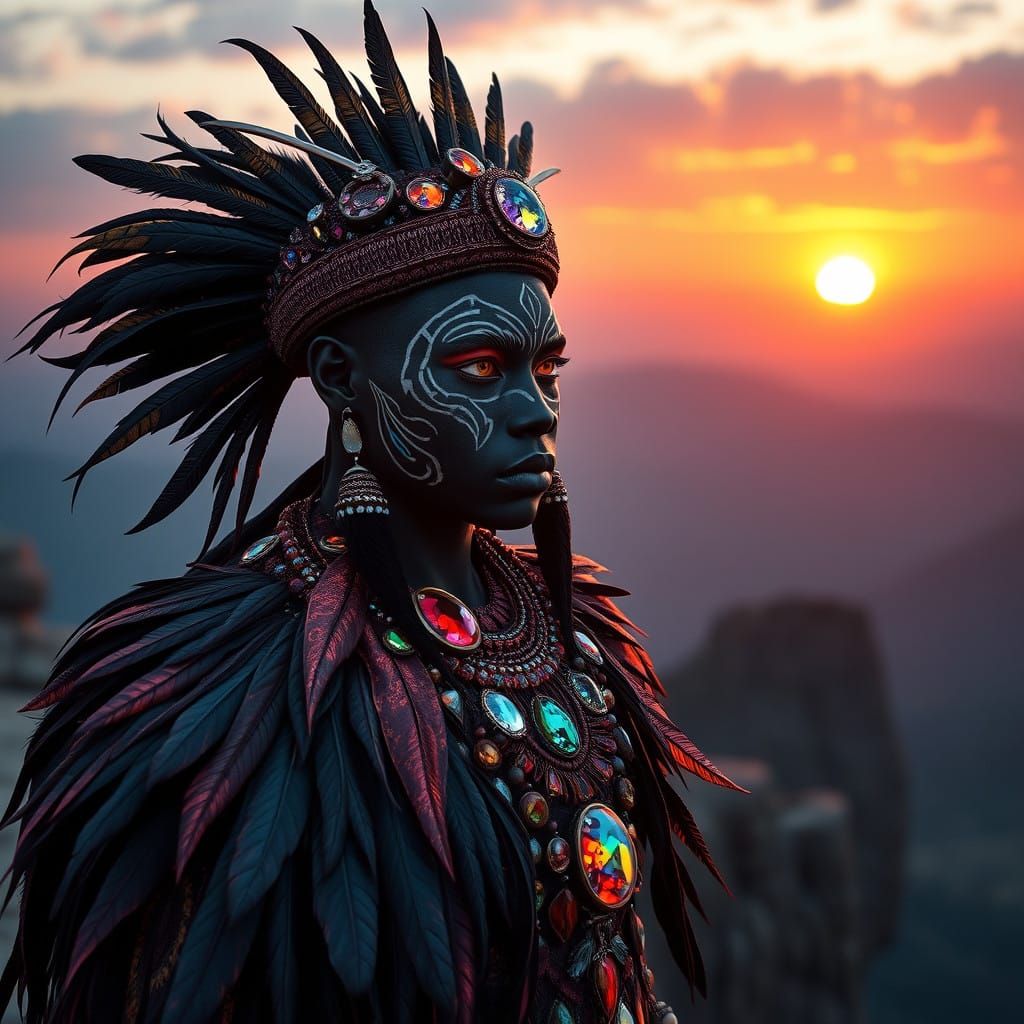 Regal African Tribal Leader Radiates in Vibrant Sunset Hues