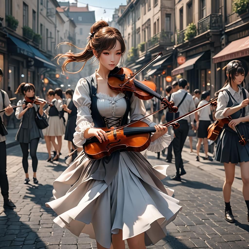 Anime Style: Woman Dancing with Violin