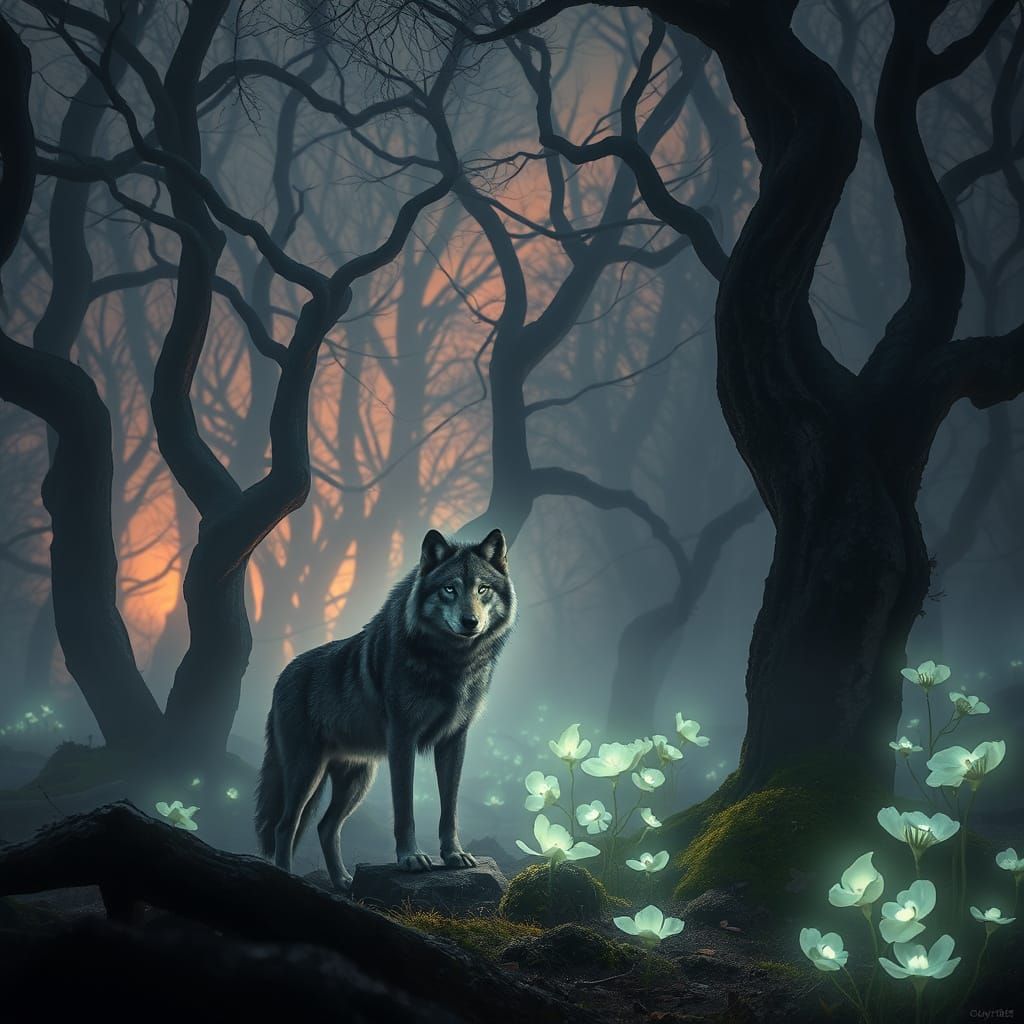 Ethereal Twilight Forest Clearing with Lone Wolf