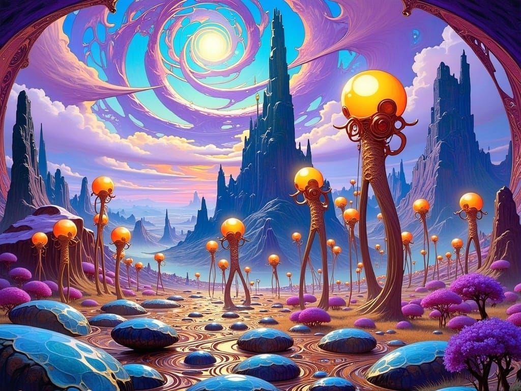 Glowing Alien World in Art Nouveau Style with Metallic Hues