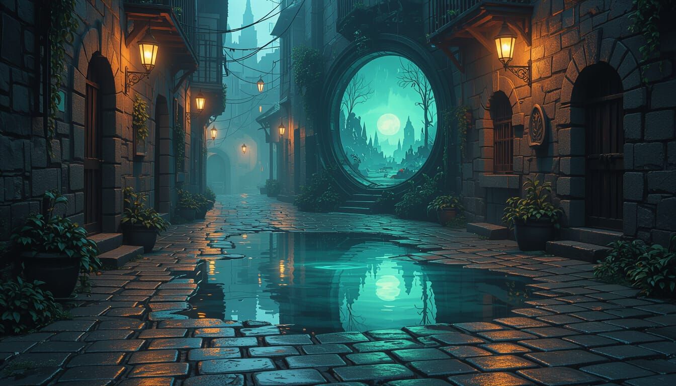 Mystical Alleyway With Puddle Reflecting Another World