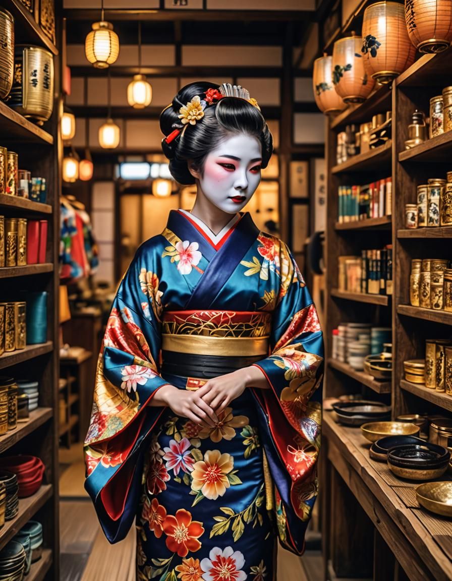 Young Maiko in Kyoto Shop: Colourful Kimono, Bokeh