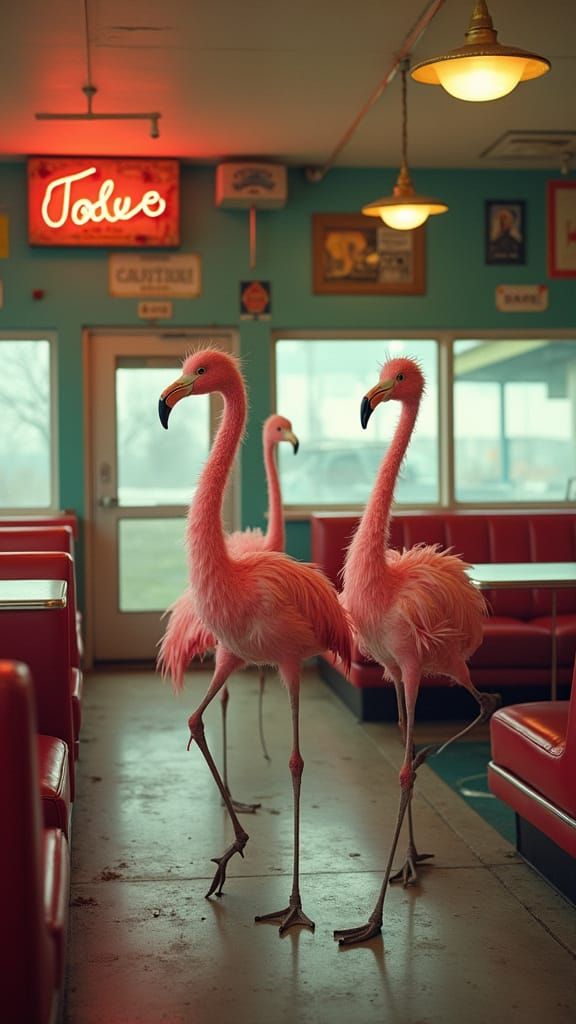 Flamingos Explore Abandoned Diner in Photorealistic Style