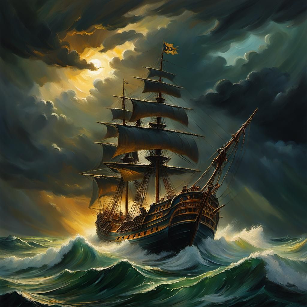 Stormy Seas: Pirate Ship in Impasto Style