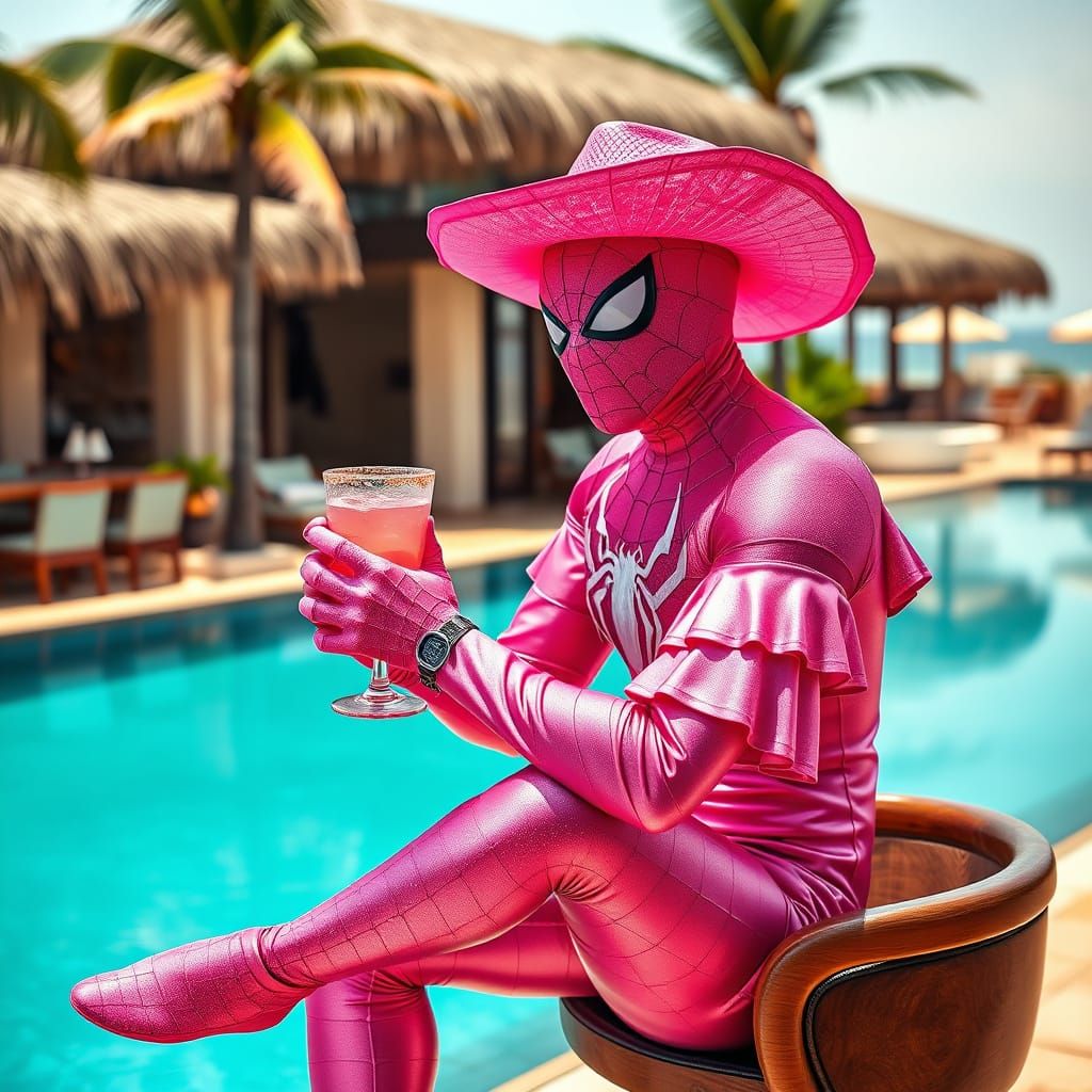 Spider Man in Pink Suit Sips Margarita by the Pool