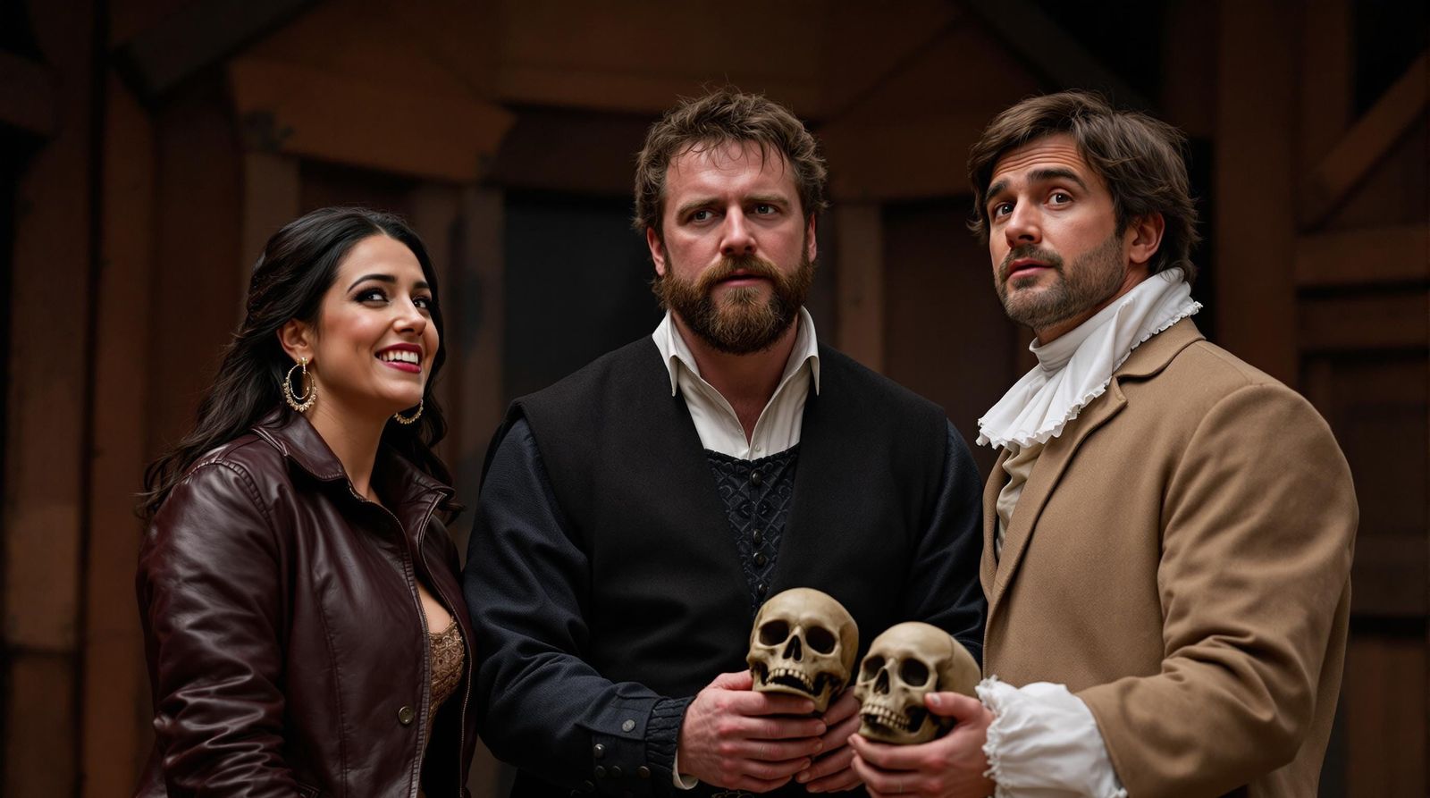 Historical Drama Scene with Figures in Theatrical Setting