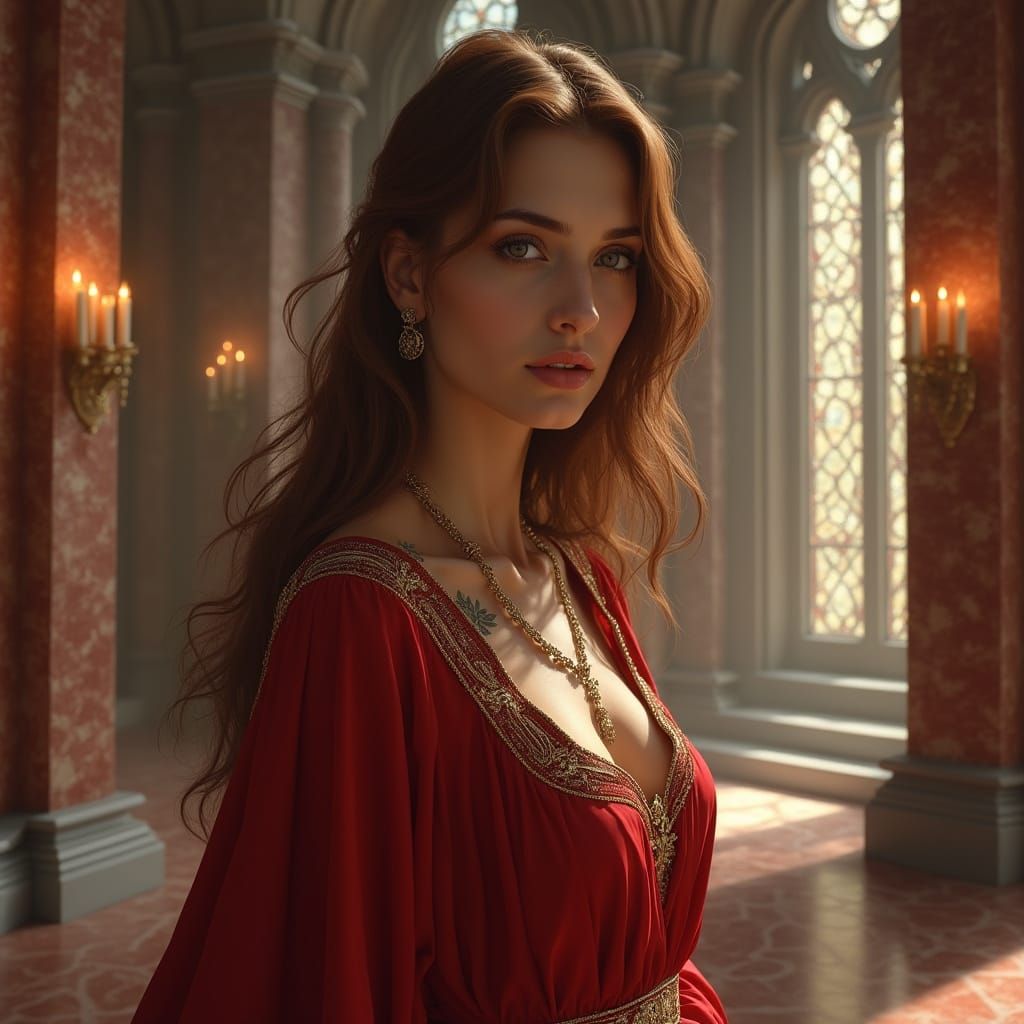 Ethereal Woman in Temple: A Fantasy Oil Painting