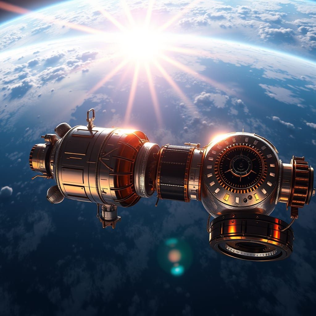 Historic Spacecraft Docking Scene in Vibrant Earthly Hues